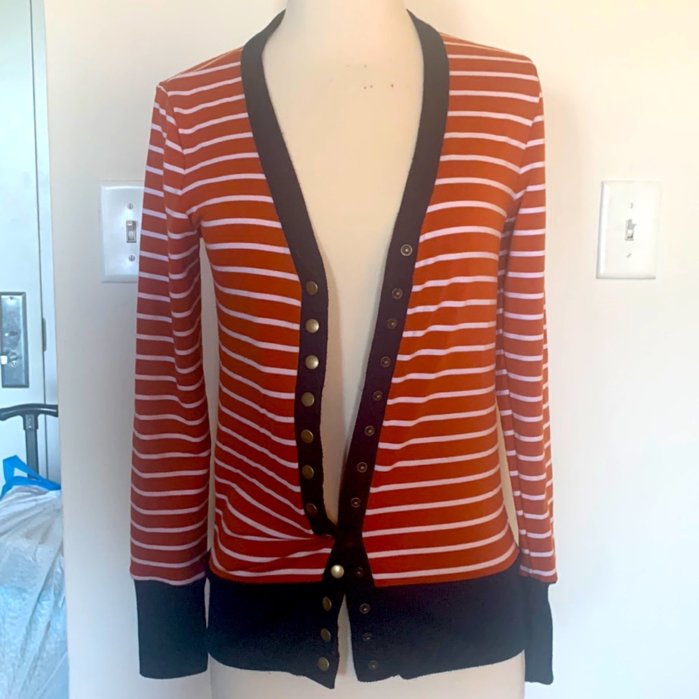 Orange and Blue Striped Snap Long sleeve Cardigan.